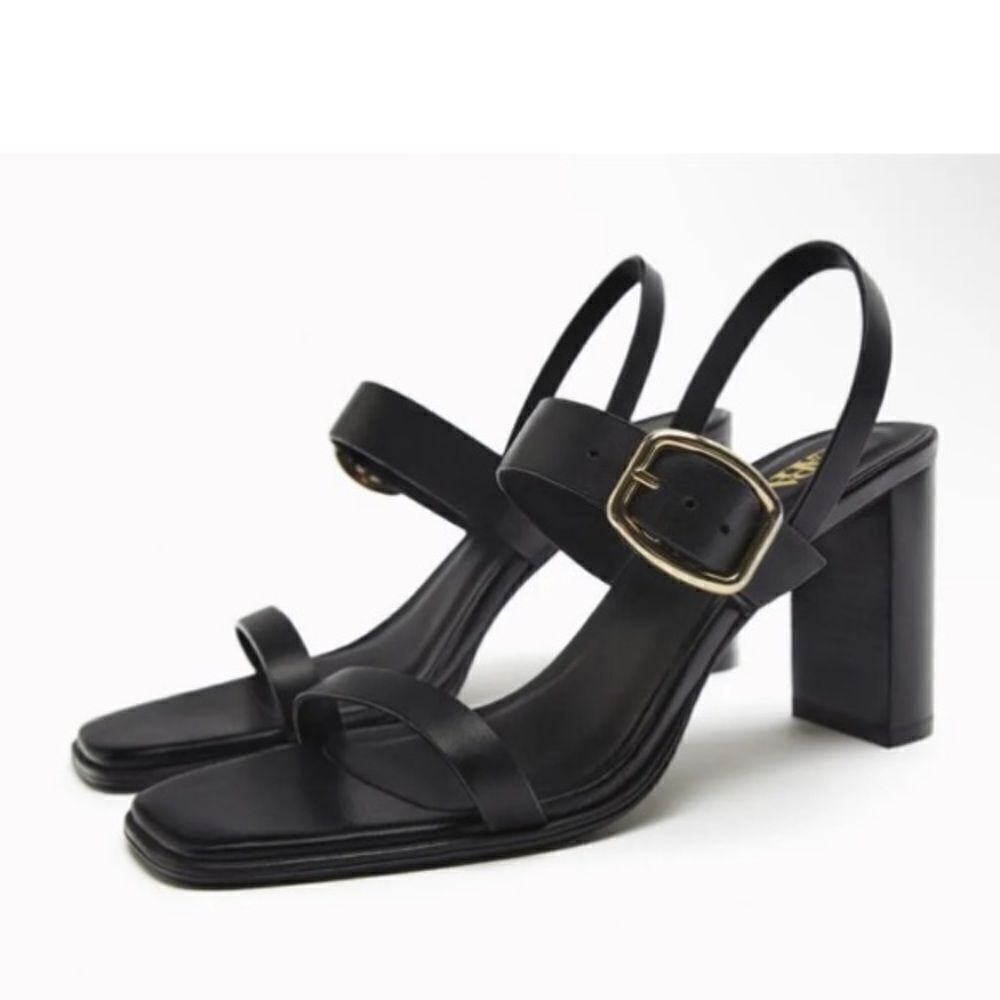 Zara Black Leather Minimalist High Heels Sandals Shoes Size 10